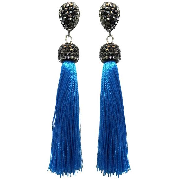 Rhinestone Turquoise Fringe Tassel Drop Earrings - Picture 4 of 4
